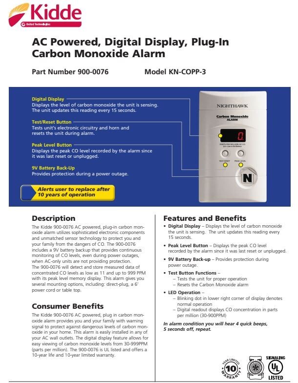 KIDDE KN-COPP-3 PLUG IN CARBON MONOXIDE ALARM