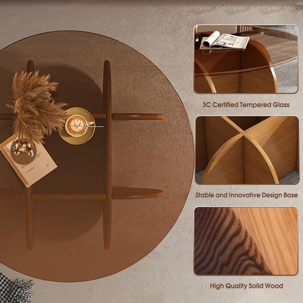 Modern Round Coffee Table with Solid Wood Legs, 31.5'' 31.5in, Walnut + Brown
