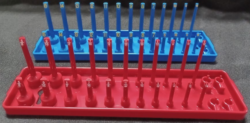 Hansen 2 Pc Socket Tray Metric SAE Tool Rack Holders 1/4" Red/Blue USA