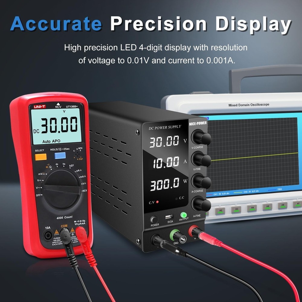 Regulated DC Power Supply 30V 10A: 4-Digit Display, USB, Stable Output Switch