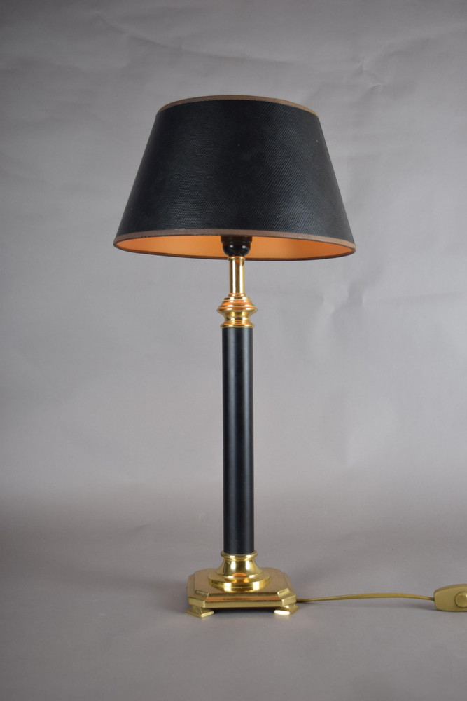 Black Column Table Lamp with Brass Base and Shade