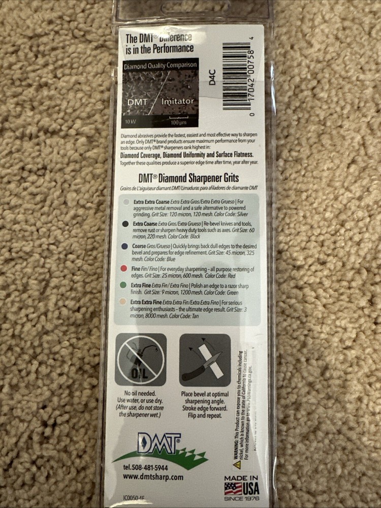 DMT Dia-Sharp Coarse D4C Measures 4" x 7/8". Continuous diamond sharpening stone