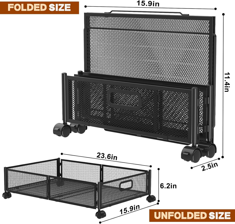 Foldable Under Bed Storage Containers with Wheels & Handles - 4 Pack (Black)