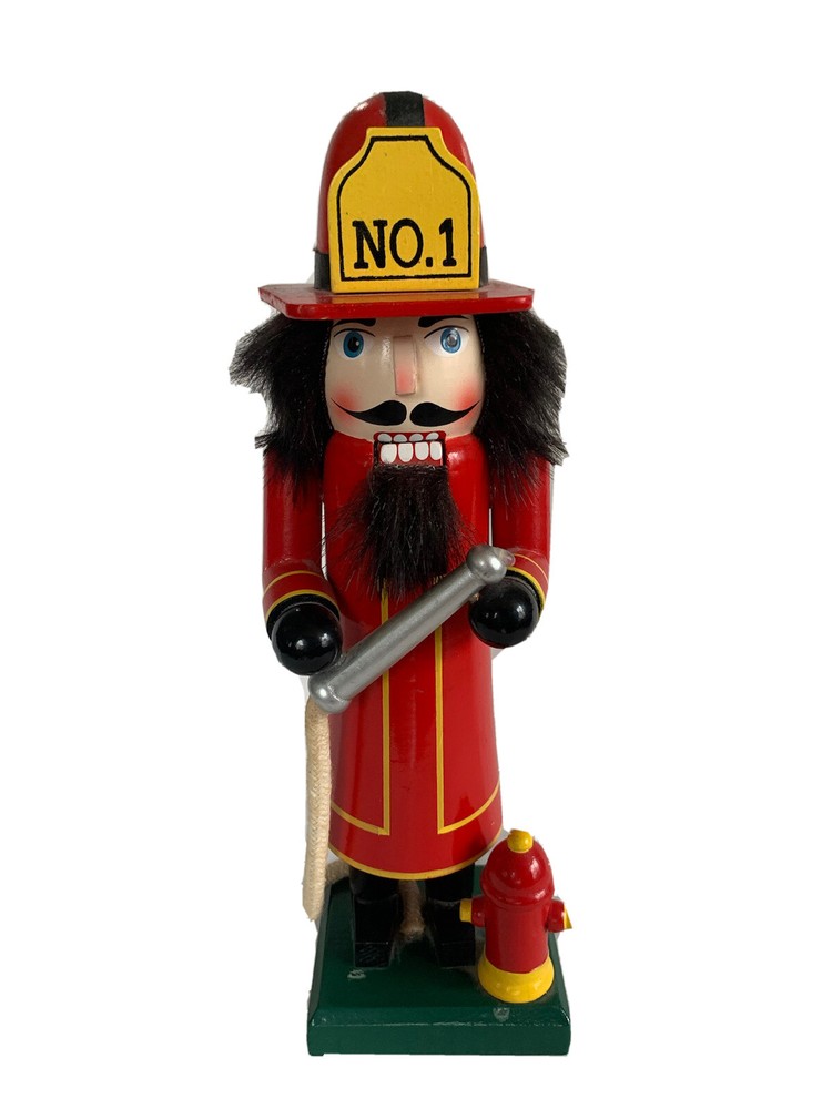 Wooden Fireman with Firehose & Fire Hydrant Nutcracker 10 In Tall