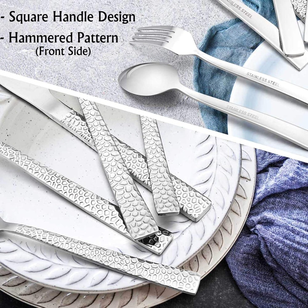Hammered Silverware Set, 12/40-Piece Stainless Steel Square Flatware Set for 8