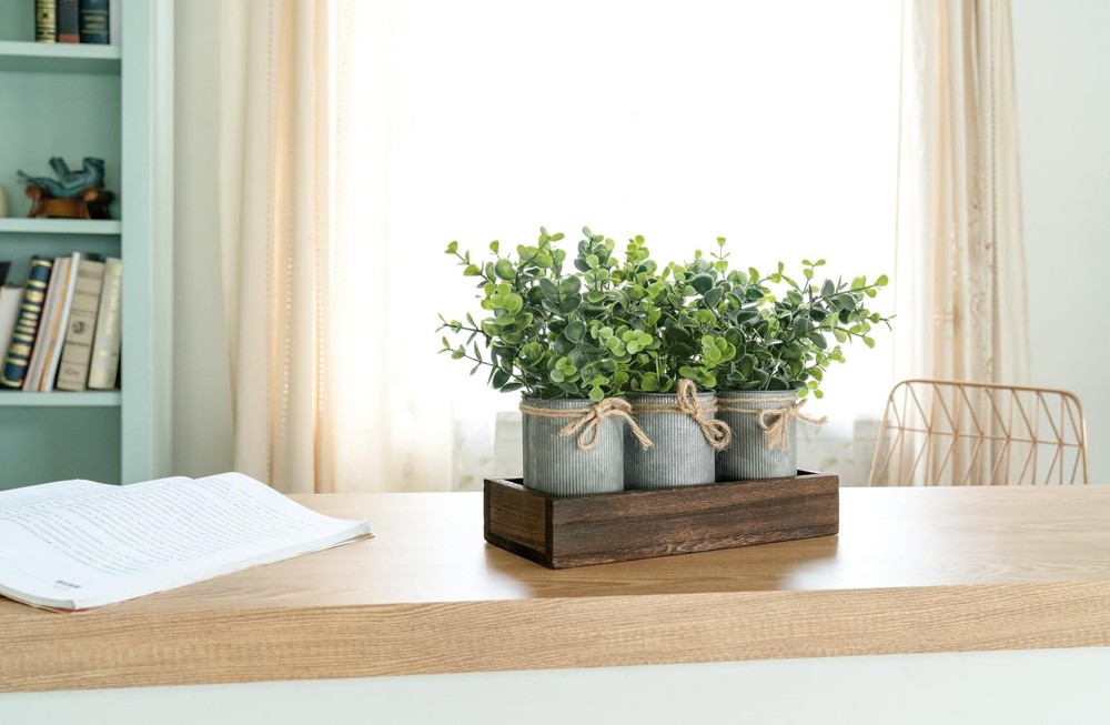 Centerpiece Table Decorations Coffee Table Decor Wood Tray 3 Galvanized Pots ...
