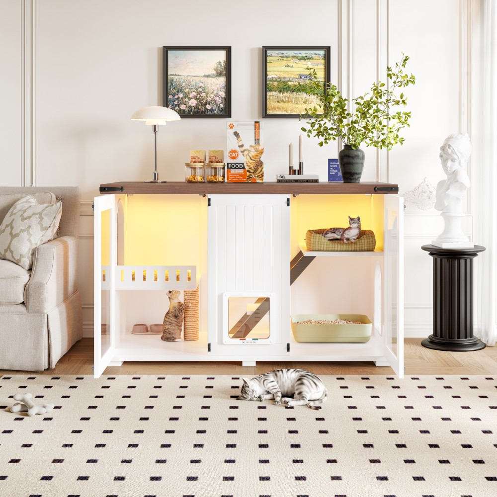Cat Litter Box Enclosure with LED Light, Stairs, and Scratching Post