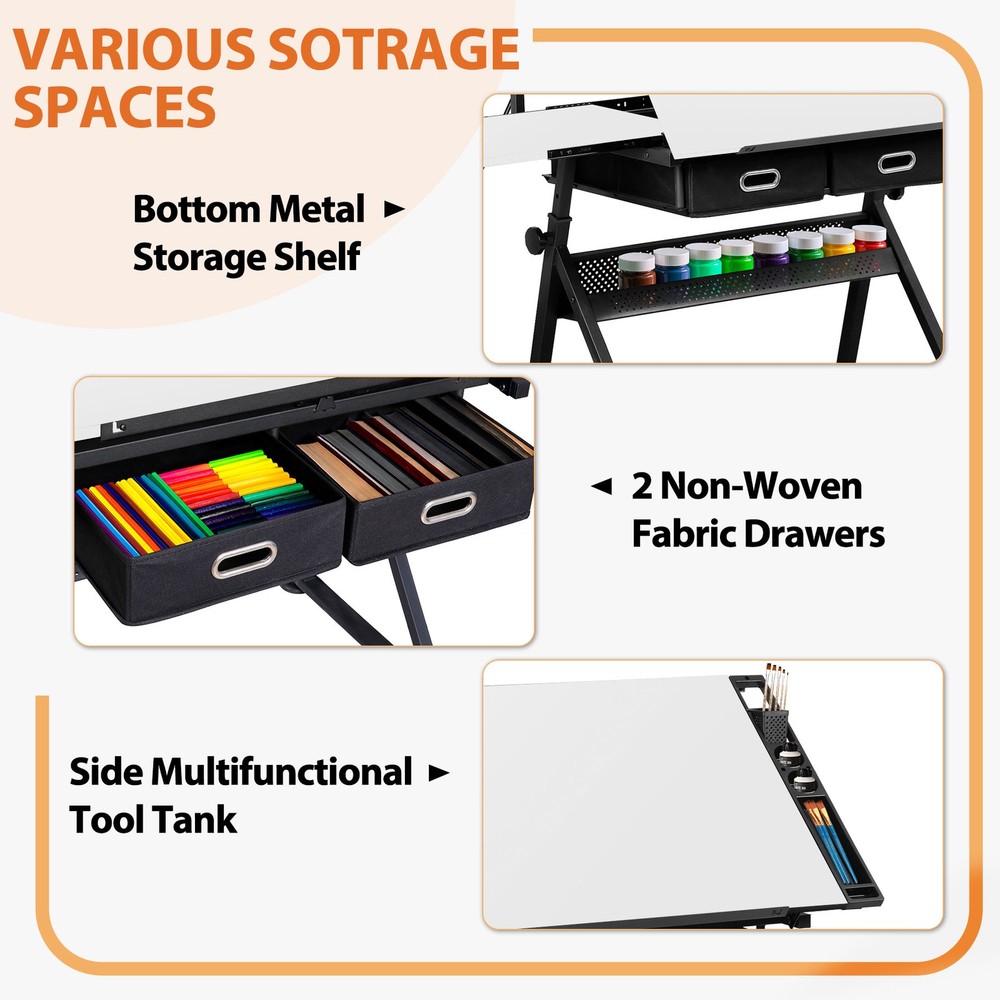 Adjustable Drafting Table Tilting Drawing Desk w/Charging Station & Stool White