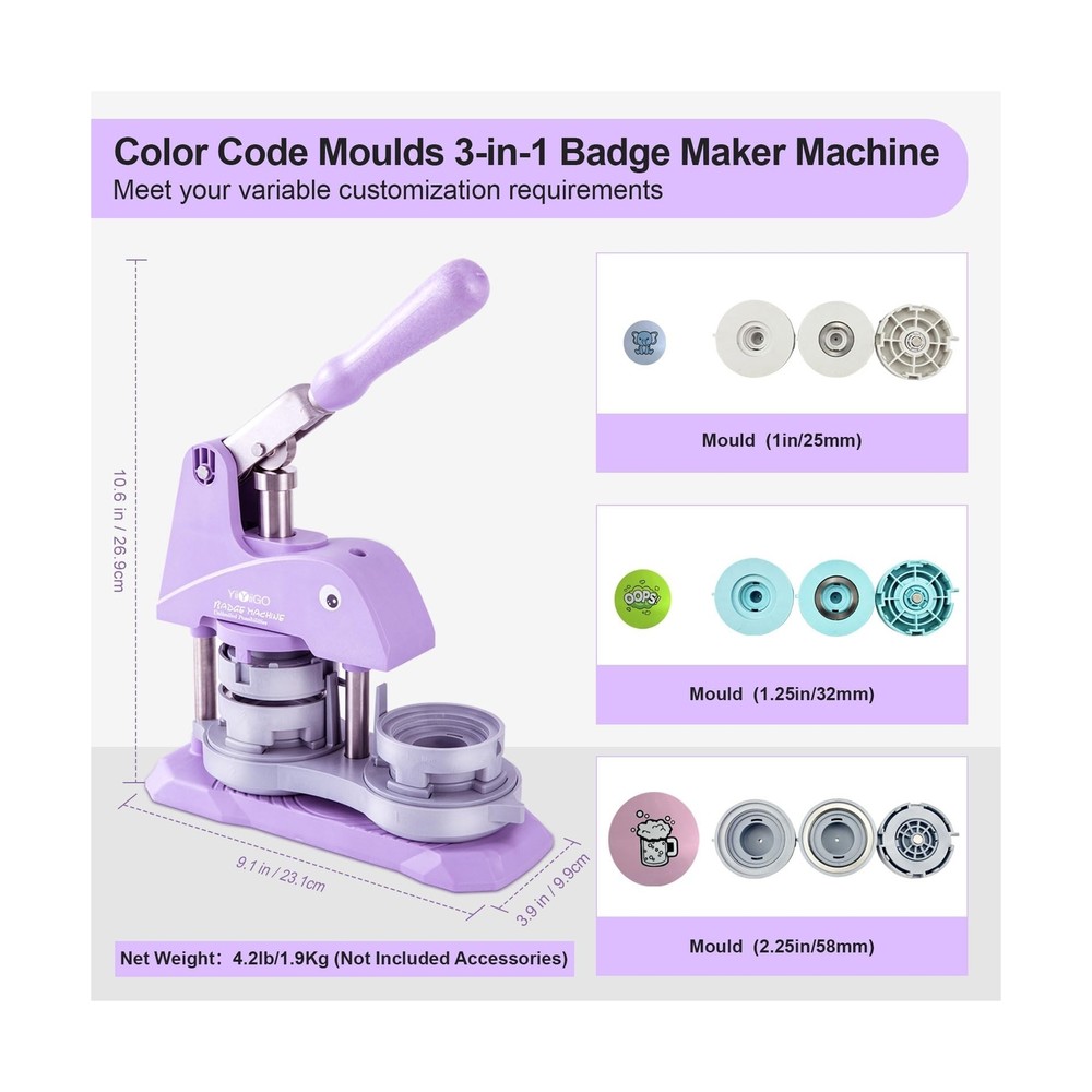 Button Maker Machine Multiple Sizes, 1+1.25+2.25 inch Installation-Free Pin M...