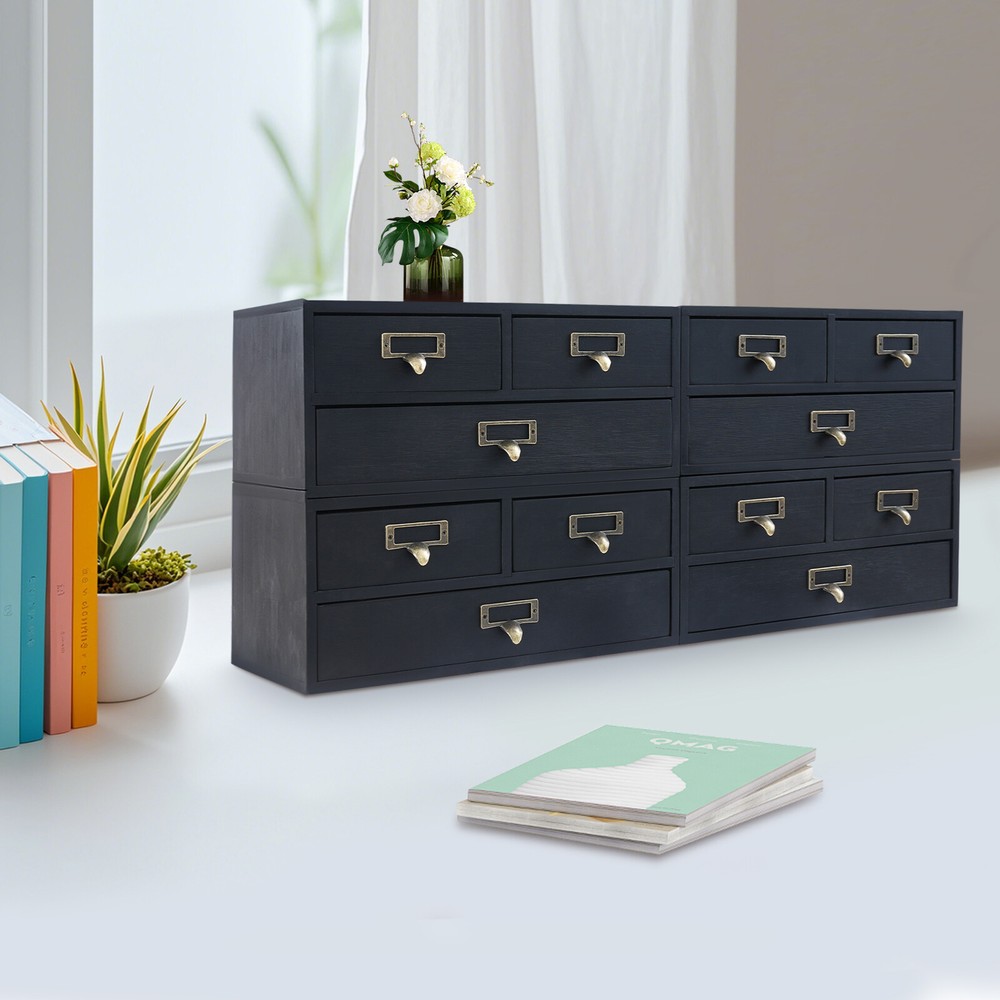 4 Pack 3 Drawer Wooden Desktop Organizer Drawer Storage Box For Tabletop- Black