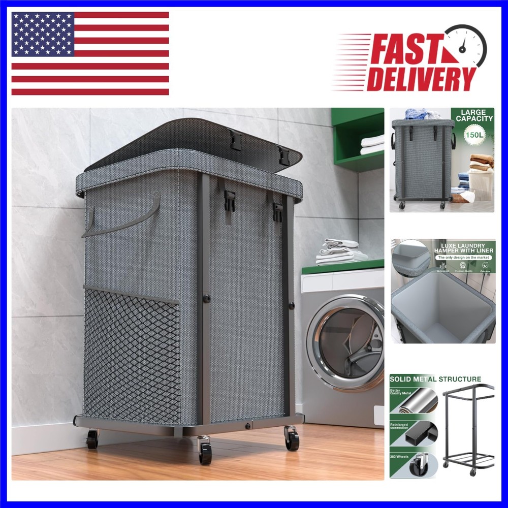 150L Wheeled Laundry Hamper - Sturdy Metal Frame & Removable Bag Design