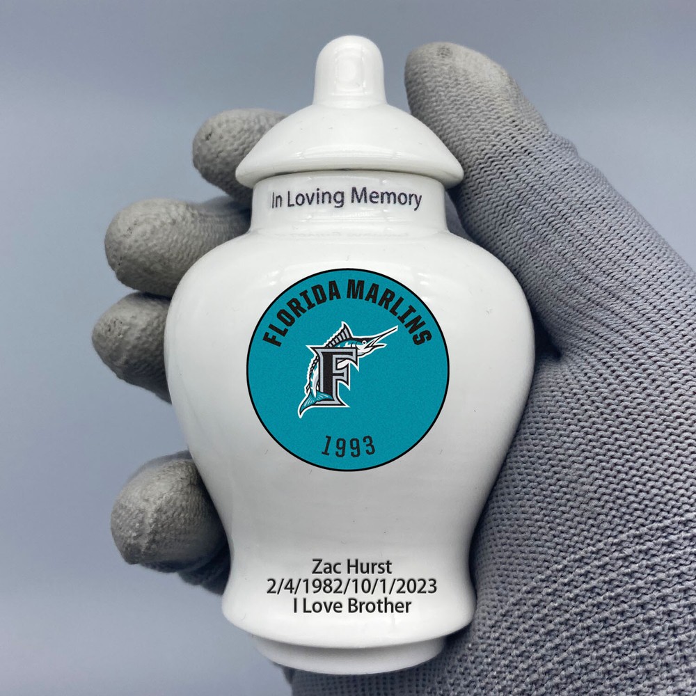 Ceramic Baseball Urn – Miami Marlins Theme, Custom Text
