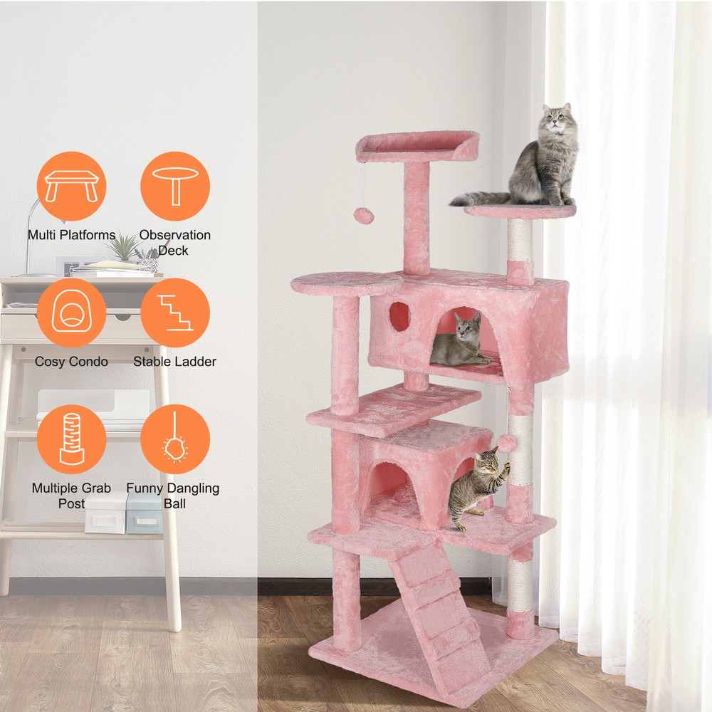 55 Inch Multi-Level Cat Tree Tower Kitten Condo House with Scratching Posts Pink