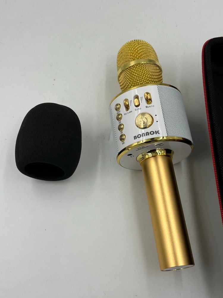 BONAOK Wireless Bluetooth Karaoke Microphone Gold in Case