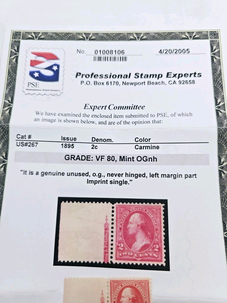 US Scott # 267 OG NH Left Margin Partial Imprint VF80 Grade