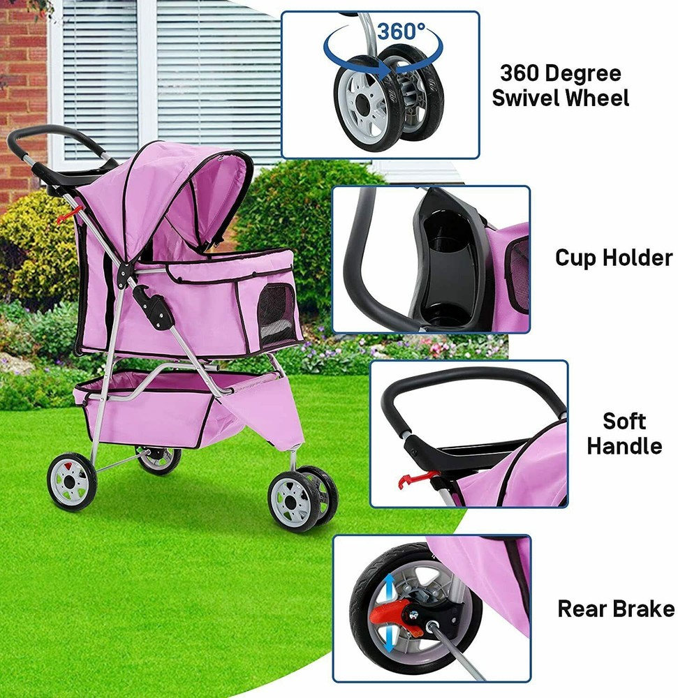 3 Wheels Pet Stroller Folding Cat Stroller w/Durable Wheels Dog Travel Stroller