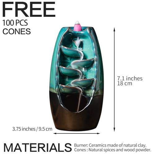 Ceramic Incense Burner with 100 Upgraded Cones, Waterfall Backflow Cyan
