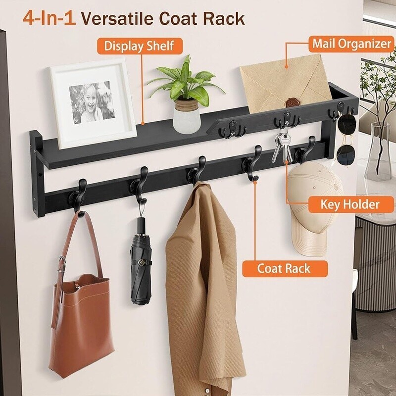 Wall Mounted Coat Rack W/ Shelf Key Hooks Mail Organizer Hat Rack Storage Black