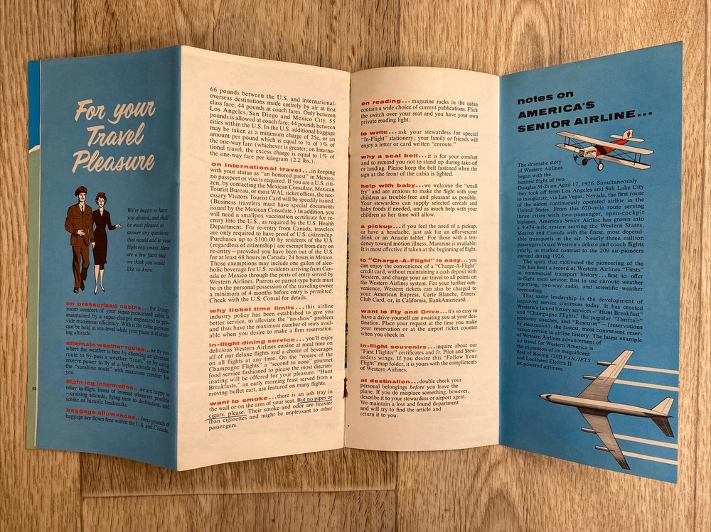 Western Airlines System Route Map and Information Guide 1960s Fold Out Maps