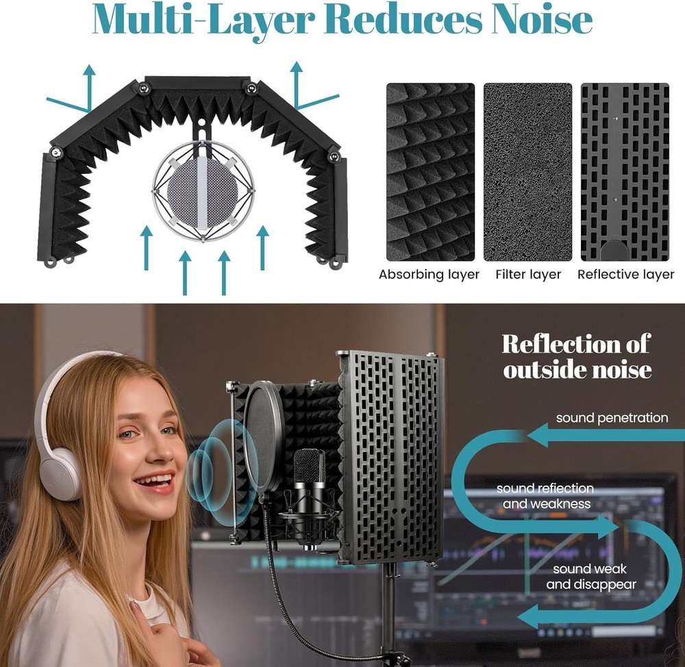 Microphone Stand with Isolation Shield and Pop Filter for Recording