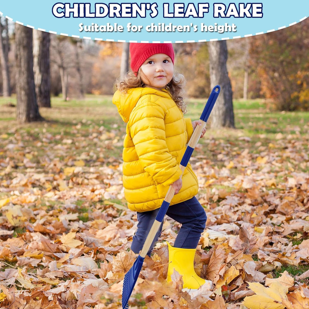 Kids Leaf Rake - 3-Section Adjustable Handle, Lightweight, Wood & Plastic, Small