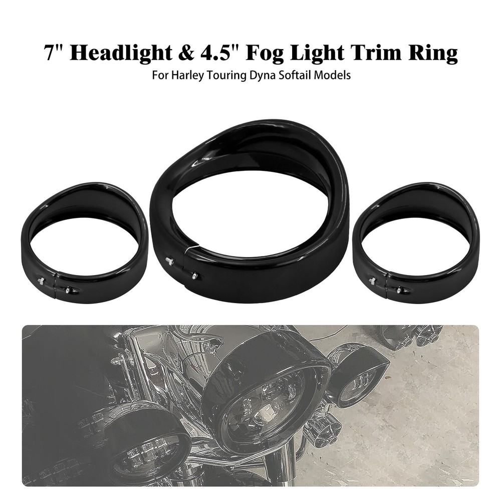 Gloss Black 7"Headlight+4.5"Auxiliary light Visor Trim Ring For Harley Road King