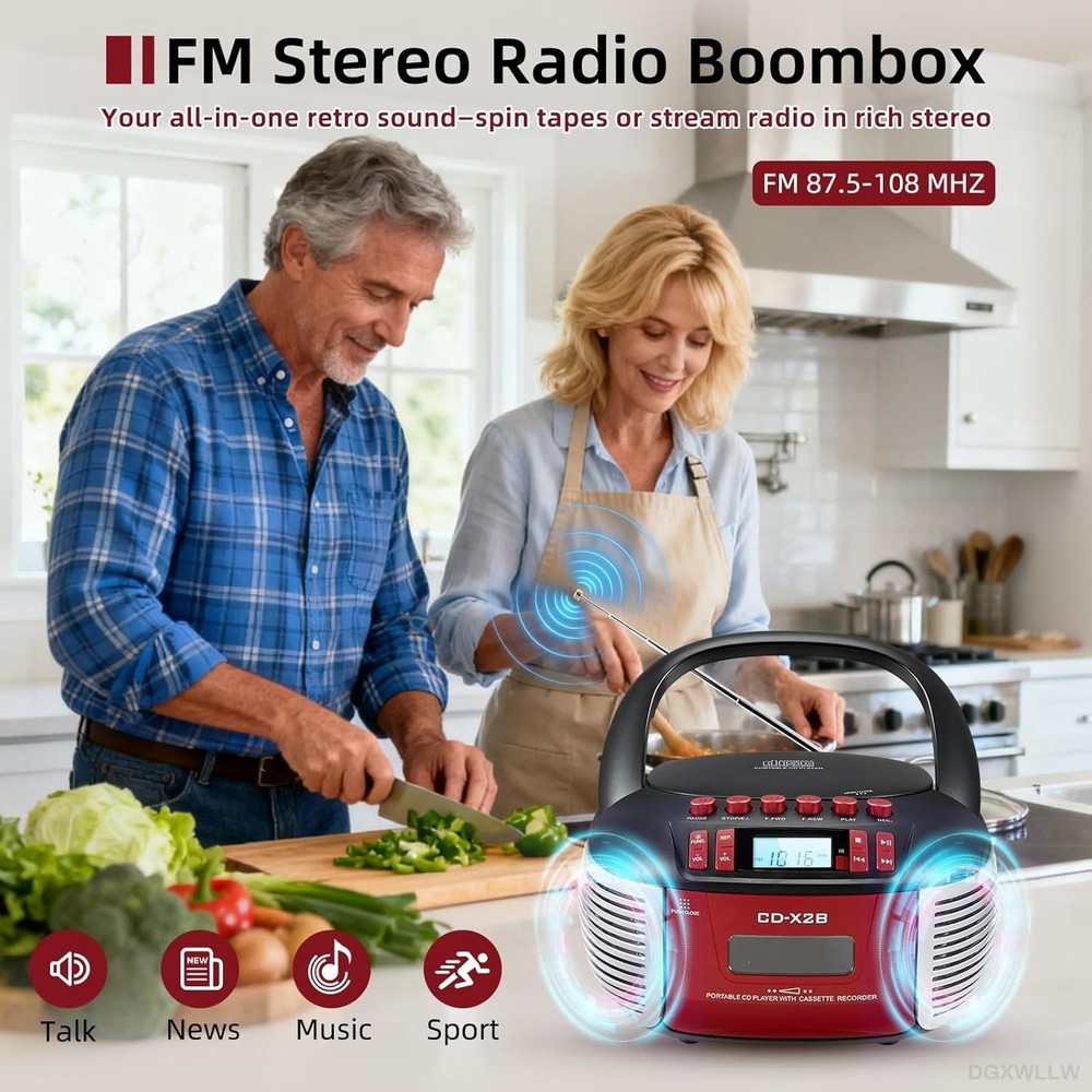 Versatile Boombox: CD & Cassette Player with Bluetooth, USB, and Remote Control