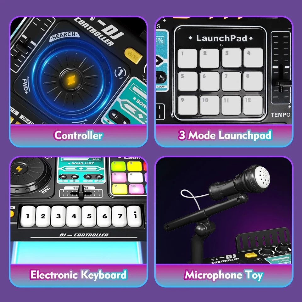 Kids DJ Mixer Controller with Bluetooth, LED Lights, Microphone - Birthday Gift