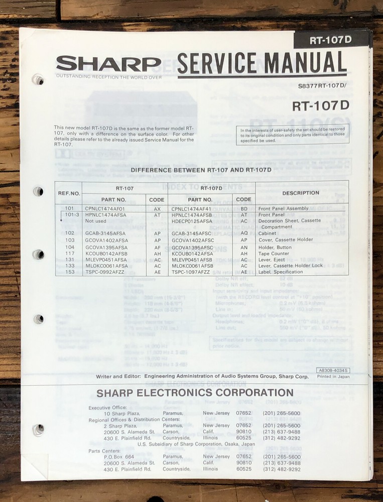 Sharp RT-107D Cassette Service Manual *Original*