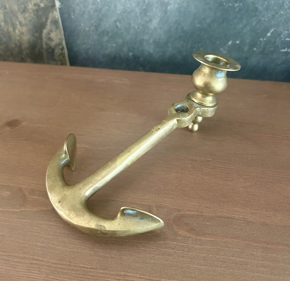 Vintage Brass Anchor Candlestick Holder MCM Nautical Maritime Decor 6"