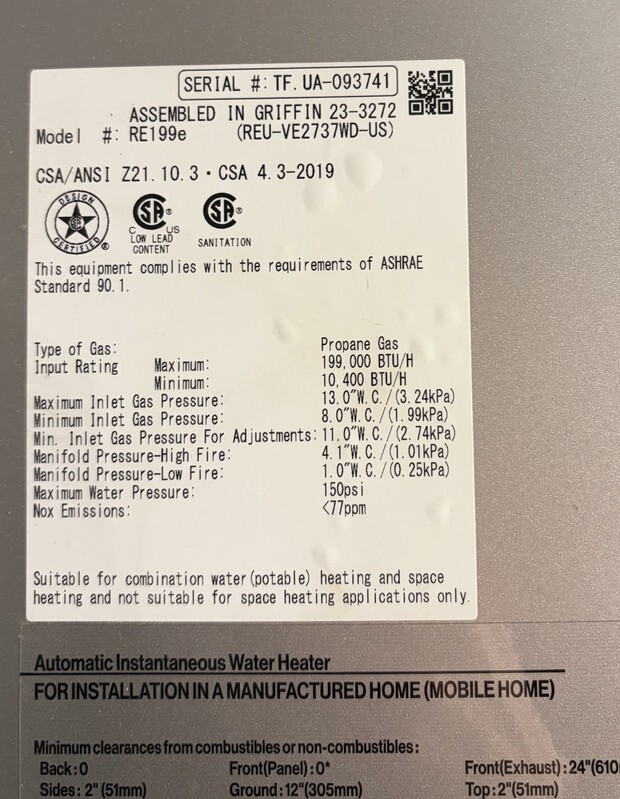 RINNAI RE199EP OUTDOOR TANKLESS WATER HEATER 199K BTU PROPANE GAS