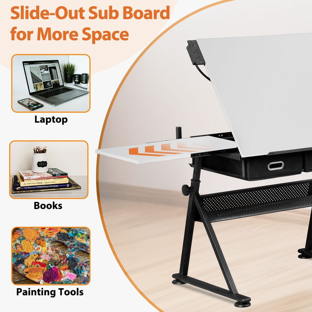 Drawing Drafting Table Stage Platform Adjustable Height W/ Stool Outlet White