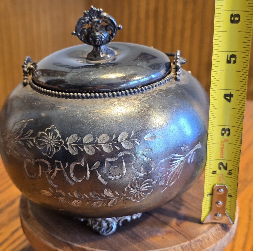 Antique Cracker Jar Quadruple Silverplate With Handle Victorian Etched