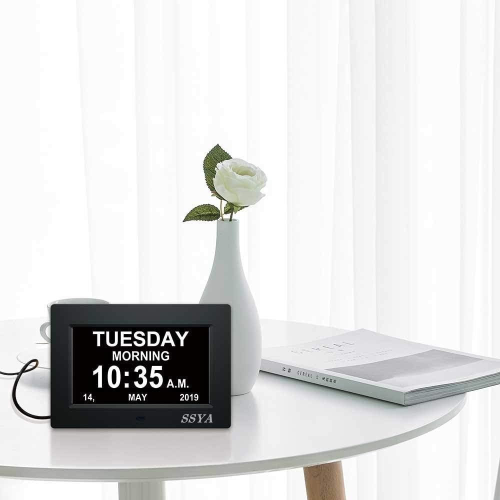 Large Display Calendar Clock - 7 Inch, Auto Dimmable, Black