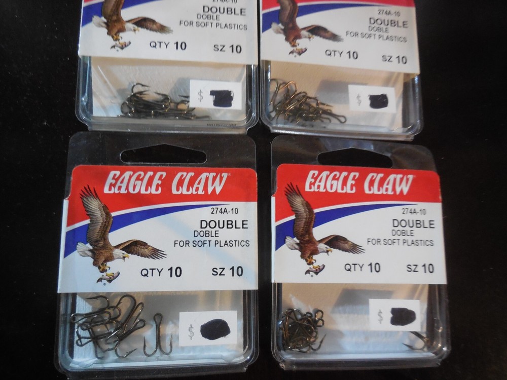 4 Packs Eagle Claw Double Hooks for Soft Plastics 274A-10 Size 10 40 Hooks