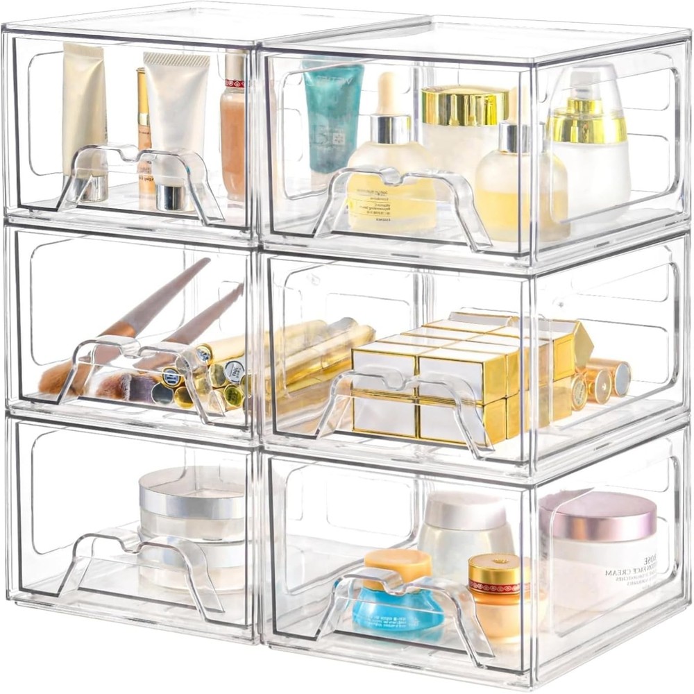 6-Pack Clear Stackable Plastic Storage Drawers, Acrylic Organizer Bins