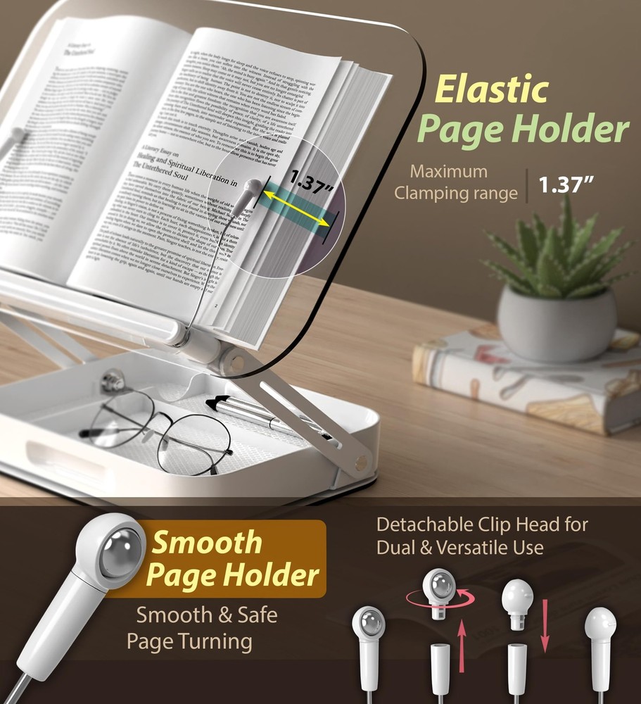 Acrylic Book Stand with Storage, 360° Rotating, Foldable Adjustable Holder wi...