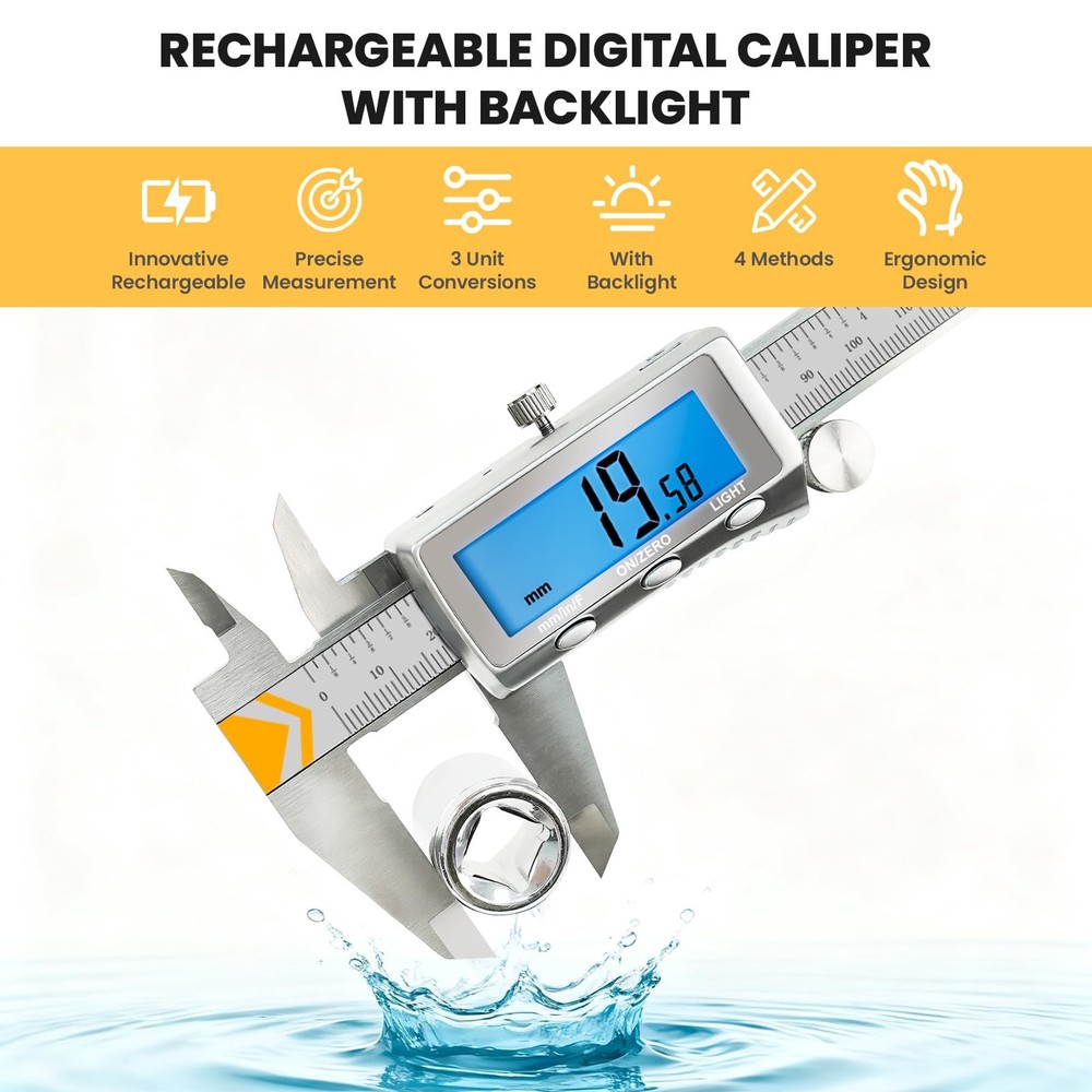 Digital Caliper, Rechargeable Caliper Measuring Tool with Backlight LCD Scree...