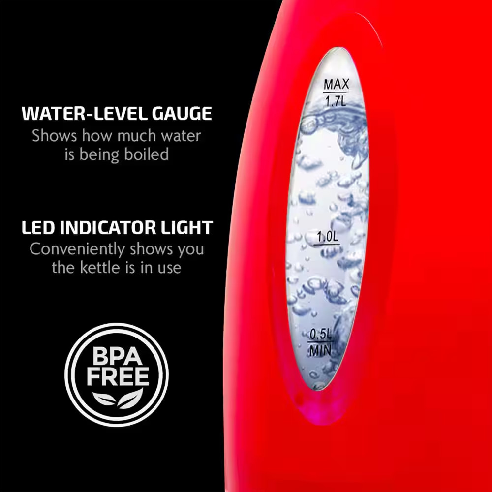 OVENTE KP72R 7-Cup Electric Kettle – Red, BPA-Free, Auto Shut-Off, 1100W