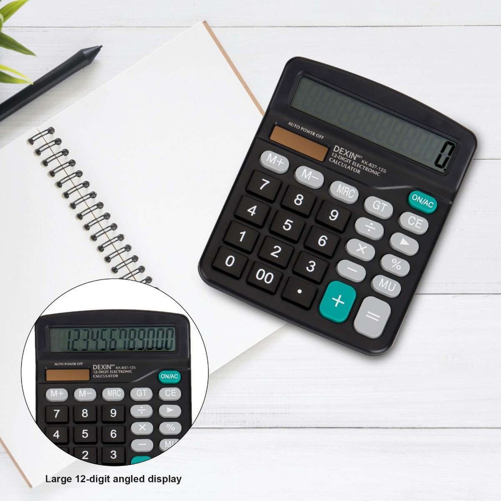 12-Digit Desktop Calculator Solar Battery Big Button Dual Power Large Display