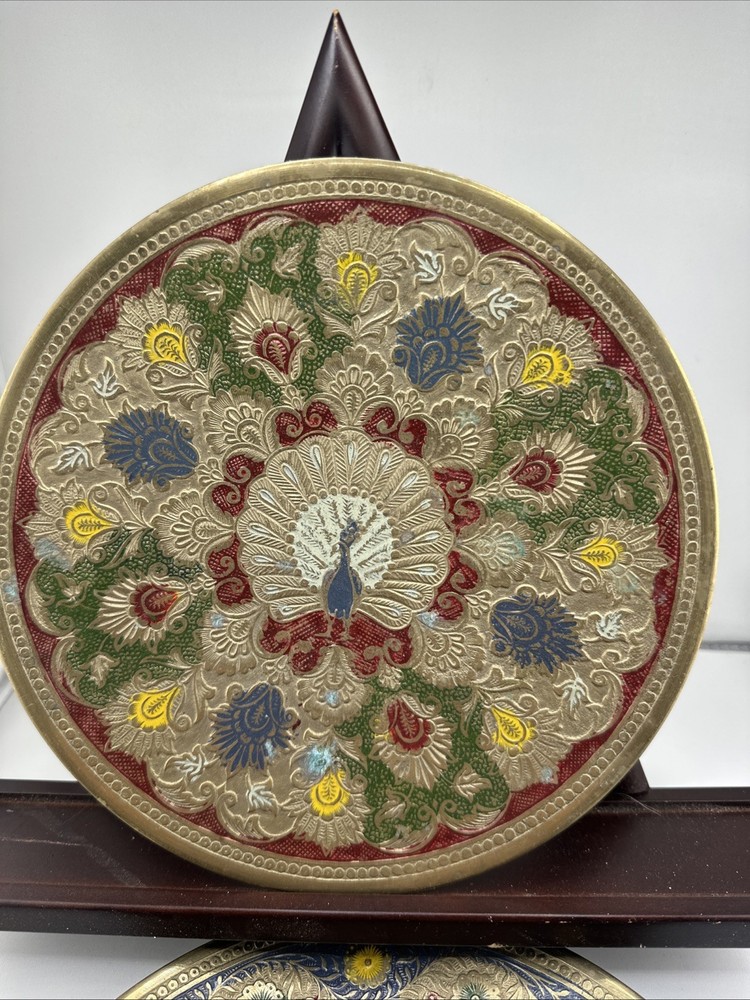 2 Solid Brass Decorative Plate Wall Hanging w/Peacock And Rose Design