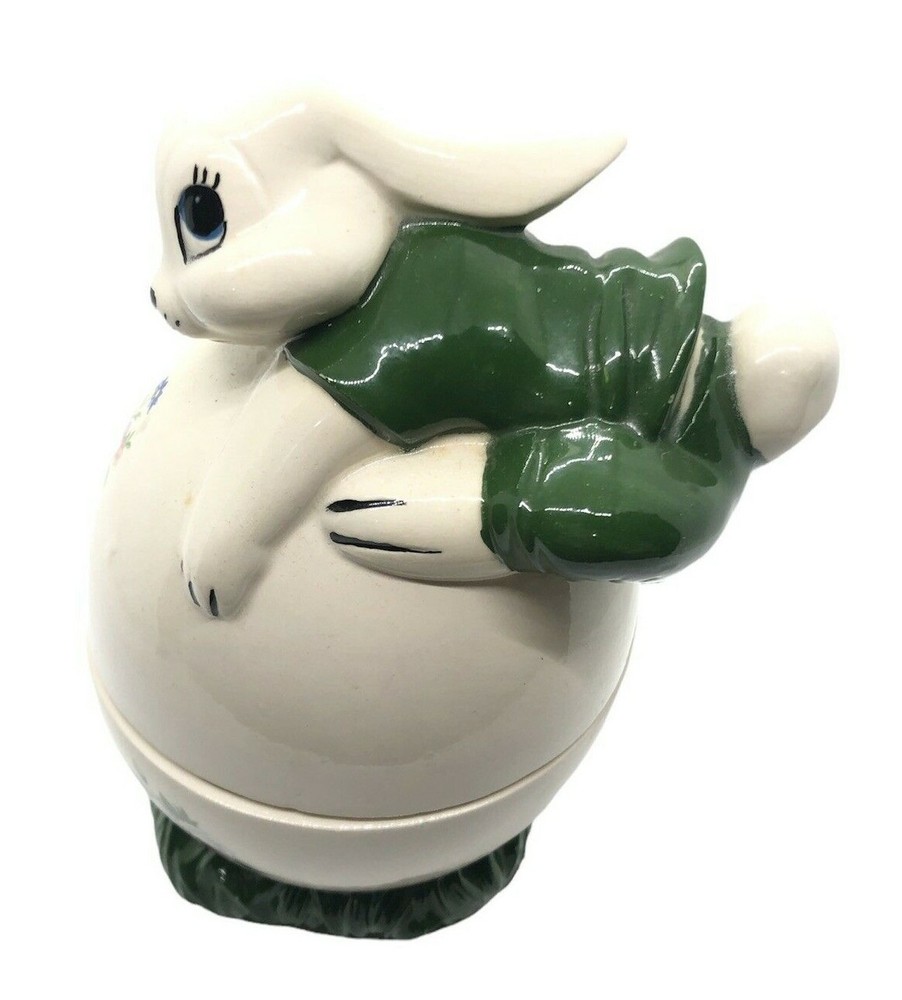 Vtg Ceramic Hobbyist Easter Bunny Rabbit 2 Pc Candy Dish Decor Flower Decals 7"