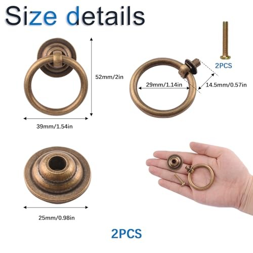 2PCS Solid Antique Brass Cabinet Pulls Ring Drawer Pulls, Antique Style