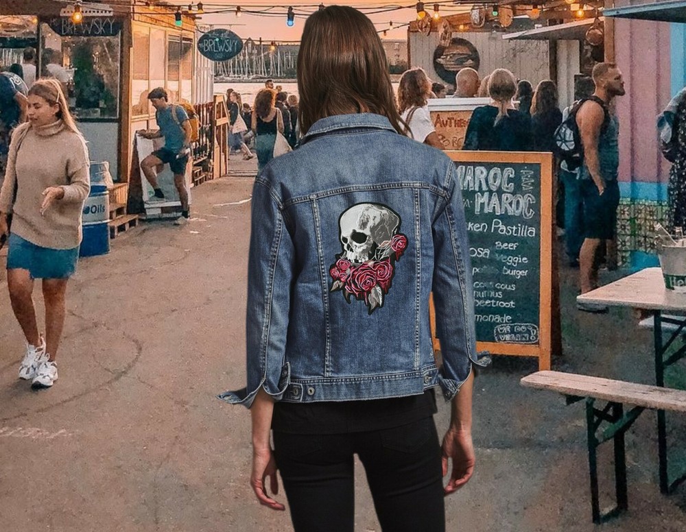 Bleeding Roses Skull Patch 11"| Realistic Halfskull Skeleton Embroidered Iron On