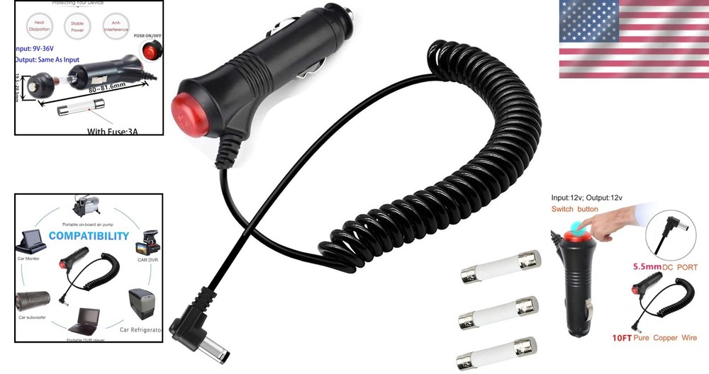 Multi-Device 9.84FT Car Cigarette Lighter Adapter - 12/24V with Safety Features