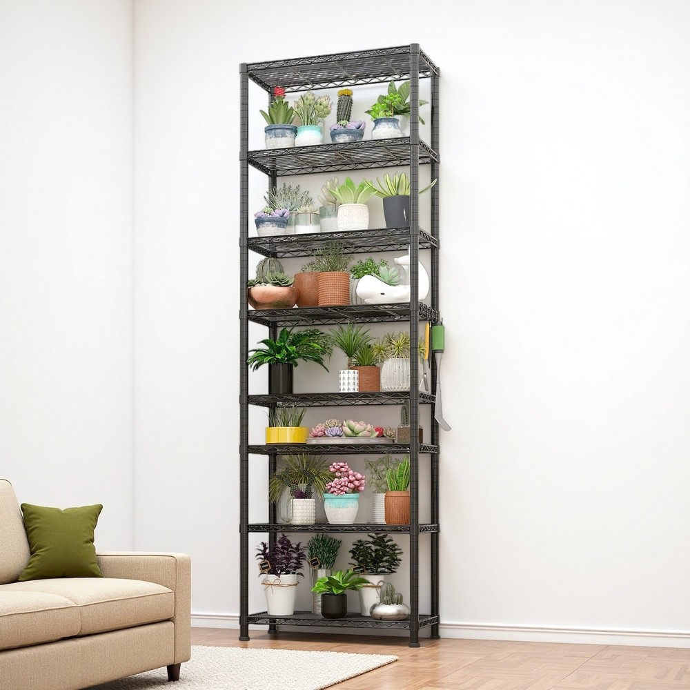 8-Tier Wire Shelving Unit - Heavy Duty, Adjustable, Hooks, Modular & Black