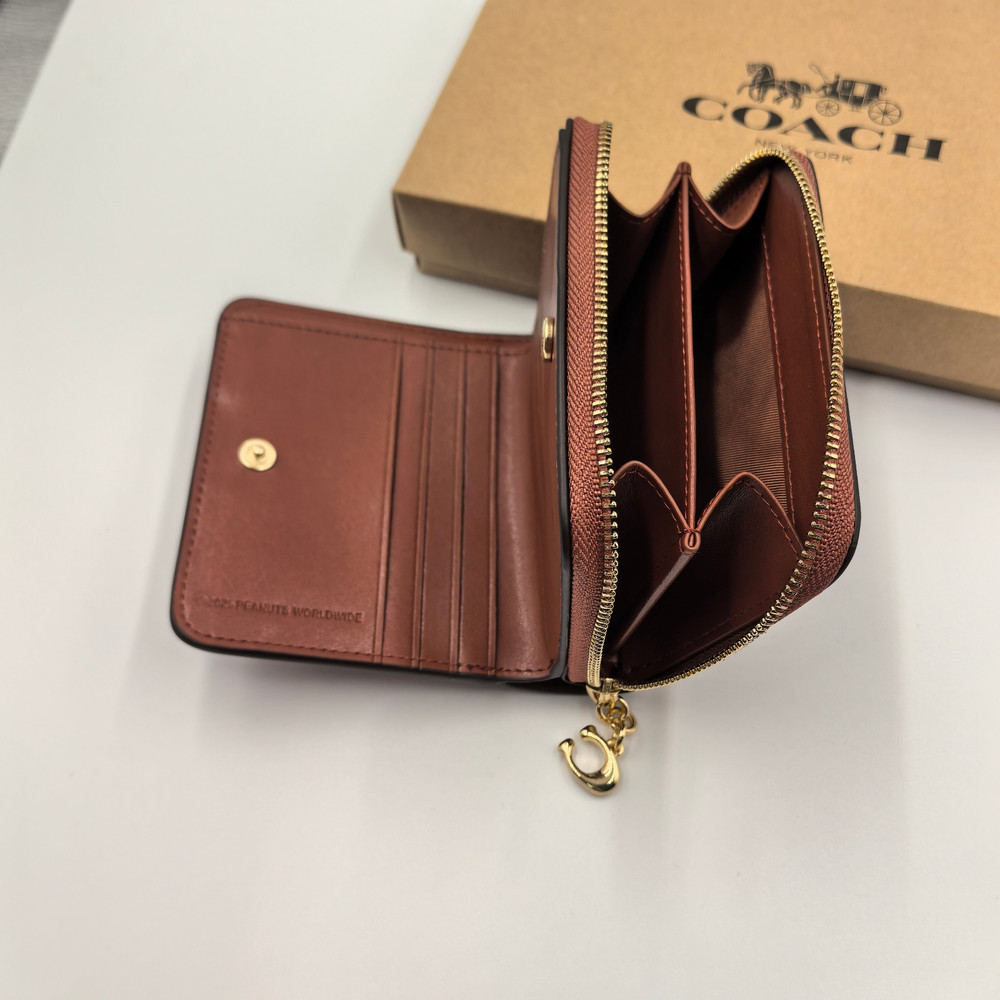 Coach x Snoopy Print Cartoon Pattern Medium Zip Wallet Brown