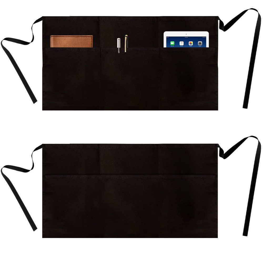 2 Pack Server Apron, Black with 3 Pockets | Waitress Uniform for Work