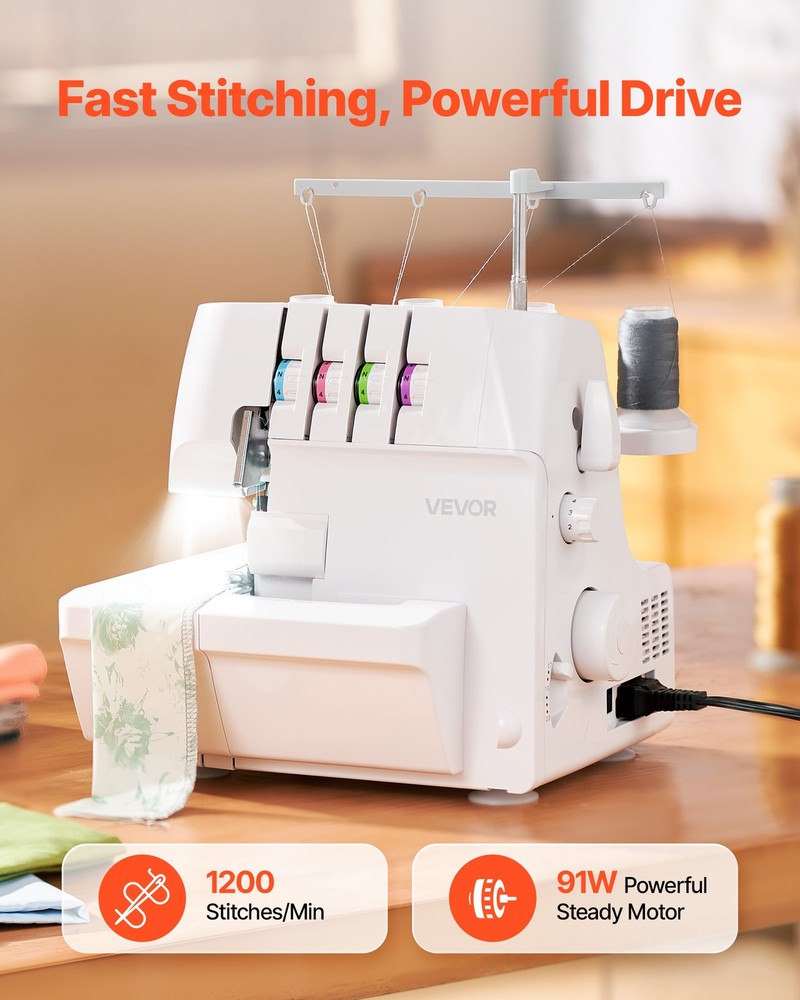 VEVOR Serger Sewing Machine Overlock Machine 1250 SPM 2-3-4 Thread Capability