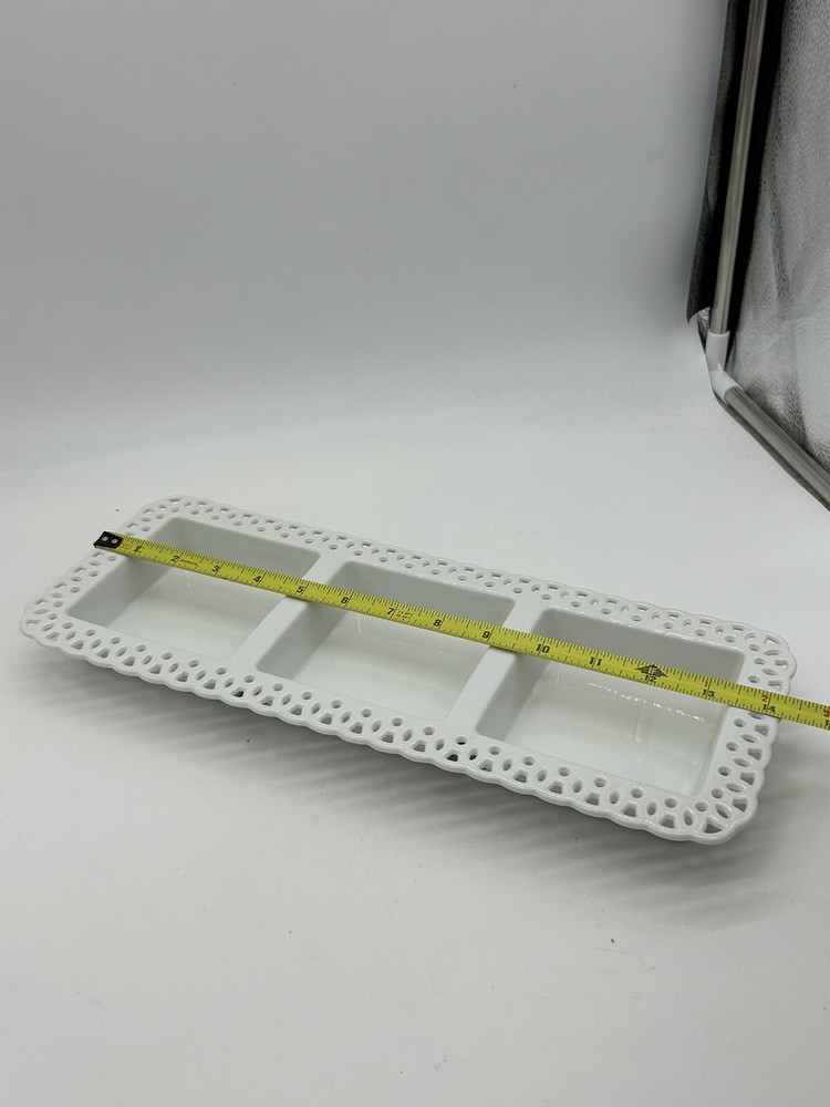Crate & Barrel White Divided 3-Section Serving Platter w/ Lace Edge Design